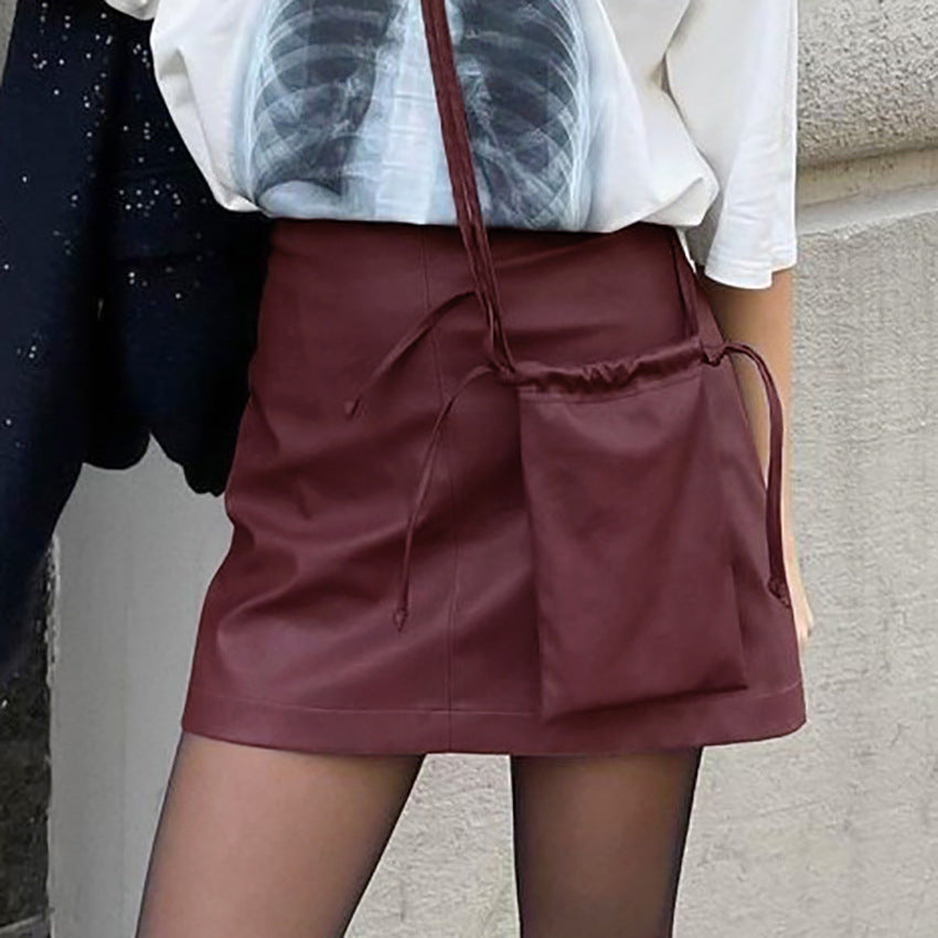 Women's Retro Classic Wine Red Matte Leather Skirt
